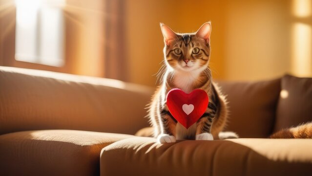A red fluffy cat holds a red heart in its paws. Valentine's Day. Holiday
