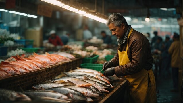 man selling fresh fish at a fish market 