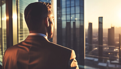 Back view of a businessman in office standing in front of a skyline of a modern city at golden hour. - obrazy, fototapety, plakaty