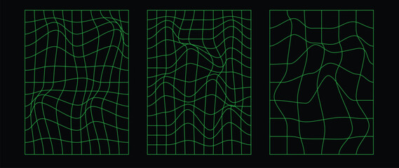 Collection of futuristic cyberpunk style elements. Geometric wireframe of square, distortion, grid with neon green color. Retro graphic on black background for decoration, business, cover, poster.