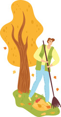 Man raking leaves under autumn tree, casual outfit, outdoor fall activity. Seasonal yard work and cheerful gardener vector illustration.