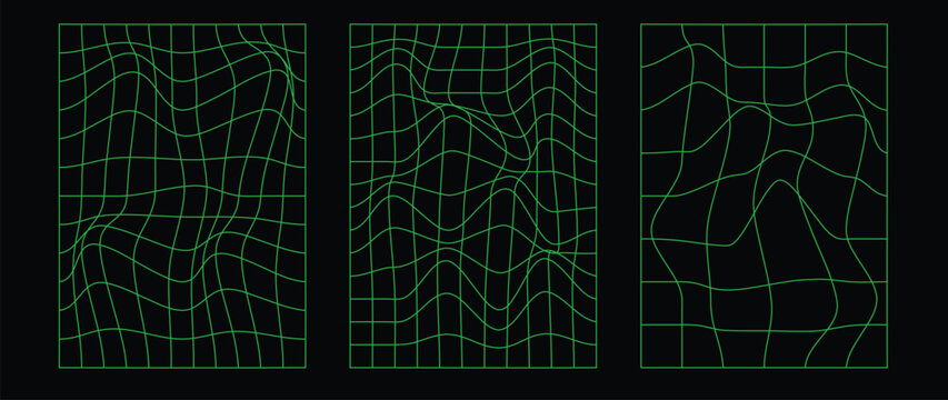 Collection of futuristic cyberpunk style elements. Geometric wireframe of square, distortion, grid with neon green color. Retro graphic on black background for decoration, business, cover, poster.