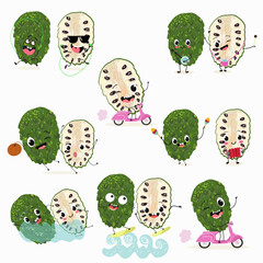 Cute cartoon annona, graviola, guanabana   character set, collection. Flat vector illustration. Activities, playing musical instruments, sports, funny fruits.