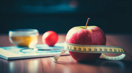 measuring tape apple on wooden table. Emaciation - obrazy, fototapety, plakaty