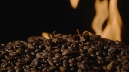 Coffee beans on a black studio background with burning tongues of flame. The process of roasting coffee to make an invigorating drink. Advertising concept for a coffee shop or restaurant.