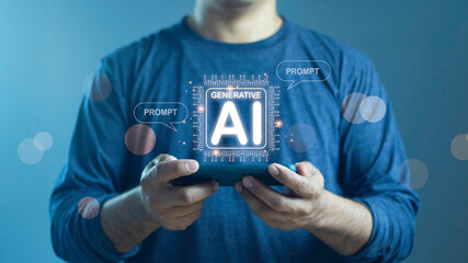 Man using technology generative AI for working tools. Chat with AI, using technology smart robot AI, artificial intelligence to generate something or Help solve work problems