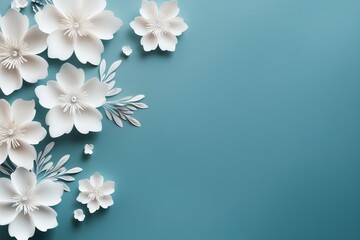  white flowers on a beautiful blue background with a place for congratulations.