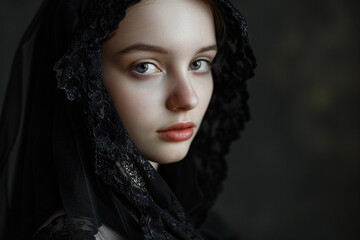 Gothic veiled portrait, Victorian style, black velvet veil, pale skin, chiaroscuro lighting
