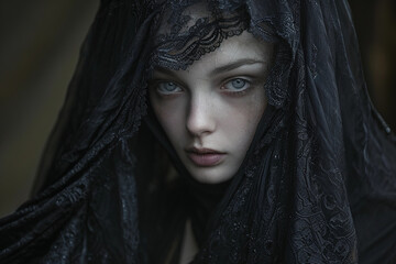 Naklejka premium Gothic veiled portrait, Victorian style, black velvet veil, pale skin, chiaroscuro lighting