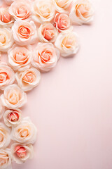 Obraz na płótnie Canvas Valentine's Day background. Pink flowers, hearts on pastel background. Valentines day concept.