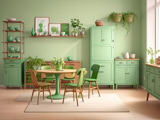 Mint colored chairs surround a round wooden dining table in a room with a green wall, a sofa, and a cabinet. Scandinavian modern living room interior design from the mid-1900s.