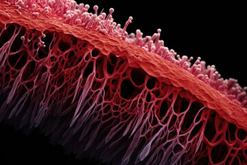 The intricate details of a blood vessel with electron microscopy at 500x zoom, this image is a window into the scientific and medical microscopic world.