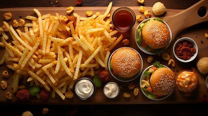 Obraz na płótnie Canvas Top View of Fast Food Items on Pastel Wood Background