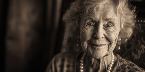 elderly woman, vintage pearl necklace, soft smile, timeless elegance - obrazy, fototapety, plakaty