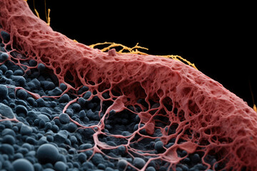 The intricate details of a blood vessel with electron microscopy at 500x zoom, this image is a window into the scientific and medical microscopic world.