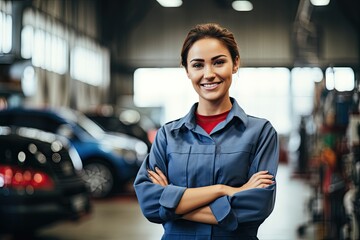 Confident female mechanic smiling in a workshop with vehicles in the background. - obrazy, fototapety, plakaty