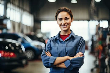 Fotobehang Confident female mechanic smiling in a workshop with vehicles in the background. © Virtual Art Studio