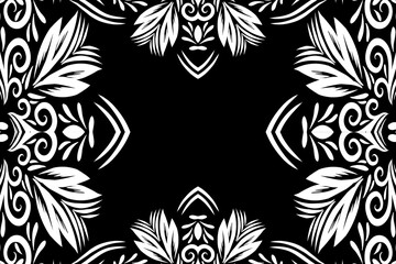Beautiful black and white frame gradient flowers line art pattern of indonesian culture traditional tenun batik ethnic dayak ornament