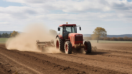 Obraz premium Tractor Plowing Field on Sunny Day