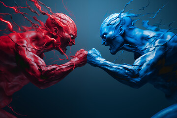 Two figures, one blue and one red facing each other, concept of elections in the United States - obrazy, fototapety, plakaty