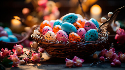Easter colorful eggs in a nest among flowering twigs. Nest with eggs on a wooden table. Happy Easter. Decorating eggs for the holiday