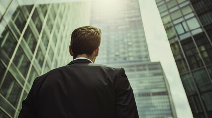 Fototapeta premium Rear shot of businessman among skyscrapers 