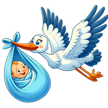 Illustration of a stork carrying a baby boy in a light blue blanket. New born concept