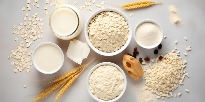 Oat products from flakes, milk, flour and whole grains top view. Healthy food, vegetarian diet concept.