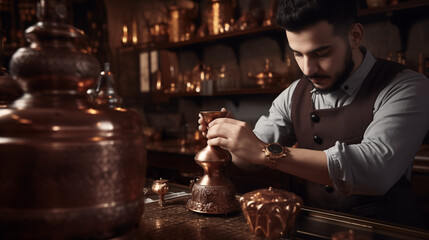 Experienced Barista Preparing Traditional Turkish Coffee Behind Artistic Wooden Counter