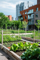 A community vegetable garden in an urban setting, big city on background.