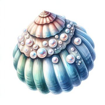 watercolor paint ocean shell with pearl illustration