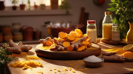 Well-lit Kitchen Counter with Turmeric and Fresh Ginger on Wooden Cutting Board