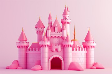 Obraz premium Magic Pink Princess Castle. Cartoon Style. Children’s game, fantasy. For games. Toy. Fairy-tale design. Illustration for children’s book. 3D colourful Image. Isolated