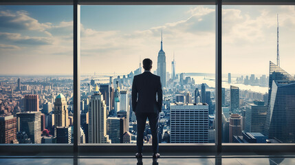Fototapeta premium A professional businessman in front of a window with a panoramic view of the urban skyline, illustrating decision-making and ambition in a corporate world.