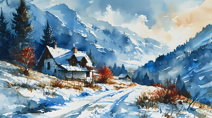 Winter Landscape with Mountain Cabin. Watercolor. - obrazy, fototapety, plakaty