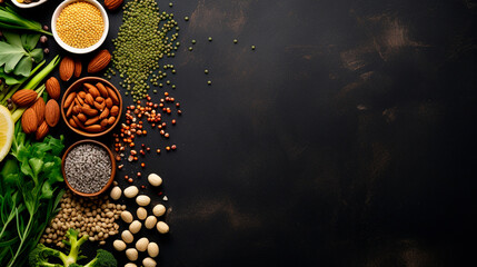 fruits, vegetables, nuts on a dark background, top view - obrazy, fototapety, plakaty