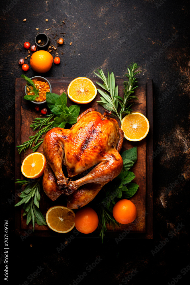 Wall mural baked whole chicken top view on dark background, place for text