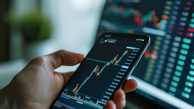 Crypto trader investor broker holding finger using cell phone app executing financial stock trade market trading order to buy or sell cryptocurrency shares thinking of investment risks profit concept.