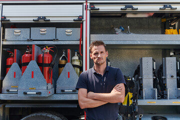 Confident firefighter stands with crossed arms, exuding resilience and preparedness, ready to...