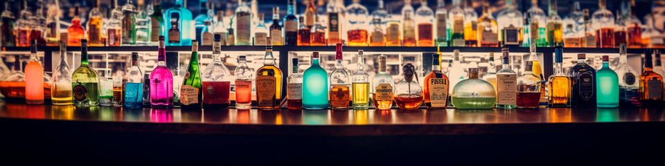 bottles of various alcohol on the bar counter - obrazy, fototapety, plakaty