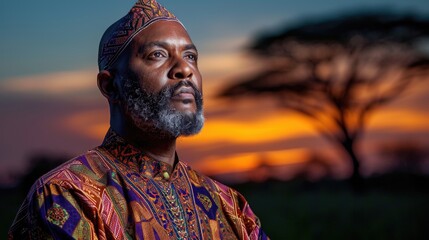 Proud African man in traditional attire, against a twilight savannah backdrop.