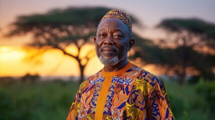 Proud African man in traditional attire, against a twilight savannah backdrop.