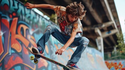 Energetic teenage skateboarder performing a trick in a vibrant urban park.