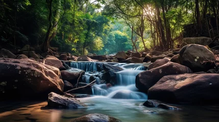 Fototapeten waterfall in the middle of a tropical forest with mossy rocks. natural natural scenery © nomesart