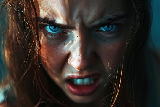 A woman with piercing blue eyes and a fierce expression, creating a captivating and emotional portrait.

