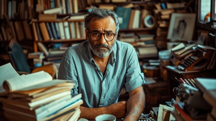 Thoughtful Middle Eastern writer surrounded by books and manuscripts in a cozy study. - obrazy, fototapety, plakaty