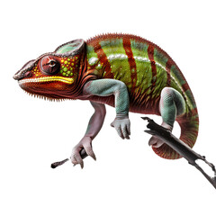 Naklejka premium Chameleon on a tree branch isolated on white or transparent background
