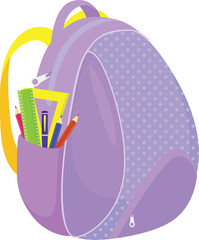 Purple school backpack with yellow straps and stationery in side pocket. Educational equipment vector illustration.