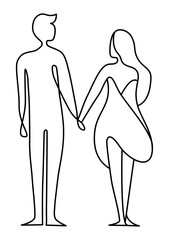 Man and woman couple hold hand stand in one continuous line  hand drawn style for Valentine's Day.vector illustration.