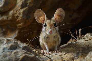Inquisitive jerboa: A rare capture of a jerboa peering out from its rocky desert habitat, highlighting the unique adaptations of desert wildlife.